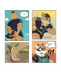  ! 2020 ? anthro bonasiah bottomwear canid canine clothing comic deebo_(zoohomme) duo fur grey_body grey_fur hi_res humanoid_hands kemono male mammal procyonid quanjiang raccoon rocco_(zoohomme) shirt shorts slightly_chubby text topwear zoohomme 