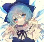 1girl bangs blue_bow blue_eyes blue_hair blue_neckwear blue_ribbon blush bow chikuwa_(tikuwaumai_) cirno commentary_request eyebrows_visible_through_hair grey_background hair_between_eyes hair_bow hands_up head_tilt highres ice ice_wings index_fingers_raised long_sleeves looking_at_viewer neck_ribbon ribbon shirt short_hair simple_background smile solo touhou upper_body water_drop white_shirt wings 