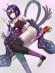  1girl absurdres aito breasts closed_mouth fate/grand_order fate_(series) feet highres japanese_clothes looking_at_viewer navel oni oni_horns purple_eyes purple_hair short_hair shuten_douji_(fate/grand_order) simple_background skin-covered_horns small_breasts smile solo 