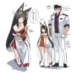  1boy 1girl animal_ear_fluff animal_ears azur_lane bangs bare_shoulders black_footwear black_hair blunt_bangs breasts brown_eyes cleavage commander_(azur_lane) commentary_request cuts detached_sleeves dress fox_ears gloves gold_necklace hat head_tilt height_difference hey_taishou highres hime_cut injury jacket long_hair long_sleeves military military_hat military_uniform multiple_views nagato_(azur_lane) necktie open_clothes open_jacket pants red_dress red_footwear red_neckwear rudder_footwear scar simple_background sleeves_rolled_up small_breasts speech_bubble straight_hair translation_request uniform very_long_hair white_background white_gloves white_jacket white_pants wide_sleeves yellow_eyes 