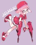  1girl amezawa_koma backwards_hat bangs baseball_cap bike_shorts black_shirt blunt_bangs commentary domino_mask dual_wielding dualie_squelcher_(splatoon) fang grey_background hat highres holding holding_weapon inkling leaning_forward leg_up looking_at_viewer mask open_mouth pink_eyes pink_hair pointy_ears red_footwear red_headwear red_shirt shirt shoes short_hair short_sleeves simple_background skin_fang smile solo splatoon_(series) splatoon_2 standing tentacle_hair weapon 
