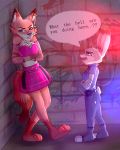  2019 ? absurd_res anthro barefoot canid canine clothed clothing crossed_arms dariamorgan dialogue dipstick_ears disney duo ear_piercing english_text female fox fully_clothed fur grey_body grey_fur handcuffs hi_res judy_hopps lagomorph leporid light lighting mammal multicolored_ears outside piercing purple_eyes rabbit shackles slit_pupils speech_bubble standing text zootopia 