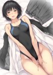  1girl amagami bed black_eyes black_hair black_swimsuit clothes_removed competition_swimsuit hands_on_thighs kibito_high_school_uniform looking_at_viewer lying nanasaki_ai nozomi-y on_back one-piece_swimsuit school_uniform short_hair smile swimsuit 