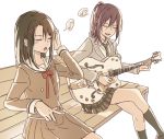  2girls bang_dream! bangs bench black_hair black_legwear blush breasts closed_eyes collared_shirt commentary_request cowboy_shot crossed_legs dj electric_guitar eyebrows_visible_through_hair gretsch grey_jacket guitar hair_between_eyes hair_ornament hairclip hanasakigawa_school_uniform hand_on_ear haneoka_school_uniform holding holding_instrument instrument jacket kneehighs long_sleeves medium_hair monah multiple_girls music musical_note necktie okusawa_misaki open_mouth park_bench plaid plaid_skirt playing_instrument ponytail purple_hair red_ribbon ribbon sailor_collar school_uniform seta_kaoru shirt sidelocks simple_background sitting skirt small_breasts spoken_musical_note striped striped_neckwear u_u white_background white_sailor_collar white_shirt 