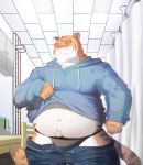  2020 anthro belly bottomwear clothing detailed_background elvendays felid hi_res hoodie humanoid_hands kemono male mammal navel overweight overweight_male pantherine pants pink_nose solo tiger topwear underwear 