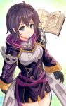  1girl black_eyes black_gloves black_hair book closed_mouth dress fire_emblem fire_emblem_awakening fire_emblem_heroes fuussu_(21-kazin) gloves highres hood hood_down long_sleeves morgan_(fire_emblem) morgan_(fire_emblem)_(female) open_book short_dress short_hair smile solo 