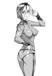  1girl ass bodysuit breasts closed_mouth glasses looking_at_viewer monochrome niimi_kaoru short_hair simple_background skin_tight solo uchuu_senkan_yamato uchuu_senkan_yamato_2199 ueyama_michirou uniform white_background 