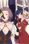  3girls alcohol blue_hair blush bottle breasts brown_hair byleth_(fire_emblem) byleth_(fire_emblem)_(female) cape cleavage closed_eyes edelgard_von_hresvelg fire_emblem fire_emblem:_three_houses gloves highres kiss manuela_casagranda meme multiple_girls raki_(kuroe) red_gloves silver_hair wine_bottle yuri 