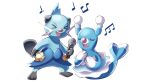  &gt;_&lt; :d brionne closed_eyes commentary conmimi creature dewott english_commentary fang full_body gen_5_pokemon gen_6_pokemon holding holding_microphone microphone music musical_note no_humans open_mouth pokemon pokemon_(creature) simple_background singing smile standing white_background 