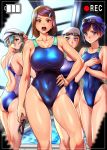  4girls blue_swimsuit competition_swimsuit gesogeso goggles goggles_on_head goggles_on_headwear green_hair hair_ornament hairclip highres looking_at_viewer mole mole_under_mouth multiple_girls one-piece_swimsuit open_mouth original pool rei_no_pool short_hair swim_cap swimsuit 