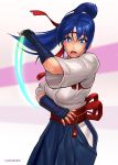  1girl blue_eyes blue_hair breasts commentary dougi fingerless_gloves gloves hakama headband hybridmink japanese_clothes long_hair looking_at_viewer ponytail ryuuko_no_ken solo the_king_of_fighters toudou_kasumi 