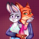  1:1 2019 absurd_res anthro breasts canid canine cheek_tuft clothing dariamorgan dipstick_ears disney duo facial_tuft female fox fur green_eyes grey_body grey_fur hi_res judy_hopps lagomorph leporid mammal married_couple multicolored_ears nick_wilde orange_body orange_fur purple_eyes rabbit red_fox ring shirt simple_background tank_top topwear tuft zootopia 