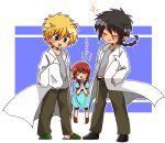  1girl 2boys :d :o belt black_footwear blue_eyes blush brown_hair closed_eyes cosplay green_footwear hand_in_pocket kukuri labcoat mahoujin_guruguru mikuzu_4869 multiple_boys nike_(mahoujin_guruguru) okabe_rintarou okabe_rintarou_(cosplay) open_mouth pants pointy_ears raid_(mahoujin_guruguru) shiina_mayuri shiina_mayuri_(cosplay) simple_background slippers smile standing steins;gate sweatdrop 