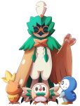  ^_^ bird bird_focus closed_eyes commentary conmimi creature decidueye english_commentary father_and_child full_body gen_3_pokemon gen_4_pokemon gen_6_pokemon looking_at_another no_humans piplup pokemon pokemon_(creature) rowlet simple_background size_difference standing sweat torchic waving white_background 