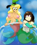  anthro big_breasts black_nose breasts clothed clothing duo female gooby_(super_planet_dolan) green_eyes hair handwear hi_res long_hair marine merfolk mostly_nude nipples nude sacred_snewpee_(super_planet_dolan) super_planet_dolan tinydevilhorns topless 