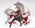  animal animal_ears arknights boots brown_eyes gray_hair jun_wei photoshop projekt_red_(arknights) signed tail weapon wolf wolfgirl 