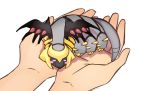  blush_stickers commentary conmimi creature english_commentary giratina hands holding holding_pokemon legendary_pokemon lying on_stomach pokemon pokemon_(creature) signature simple_background white_background wings 