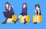  3girls asakusa_midori black_hair black_legwear blazer blue_background box brown_eyes brown_hair camouflage_hat chin_rest eizouken_ni_wa_te_wo_dasu_na! eyewear_on_head freckles glasses grey_eyes hat jacket kanamori_sayaka kneehighs loafers mizusaki_tsubame multiple_girls necktie pantyhose pistols pleated_skirt school_uniform shoes shoes_removed shorts shorts_under_skirt sitting skirt 