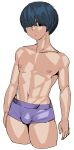  1boy blue_eyes blue_hair bulge closed_mouth collarbone dark_blue_hair hair_over_one_eye looking_at_viewer navel nipples original simple_background sketch solo synecdoche topless_male white_background 