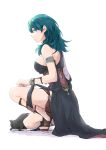  1girl armlet black_dress blue_eyes blue_hair byleth_(fire_emblem) byleth_(fire_emblem)_(female) cat dancer dress fire_emblem fire_emblem:_three_houses from_side robaco simple_background solo squatting white_background 