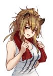  1girl animal_ear_fluff animal_ears arknights bangs bare_arms bare_shoulders brown_eyes brown_hair commentary english_commentary eyebrows_visible_through_hair eyes_visible_through_hair hair_between_eyes highres lion_ears long_hair looking_at_viewer monorus parted_lips red_towel siege_(arknights) simple_background smile solo sweat towel towel_around_neck upper_body white_background white_tank_top 