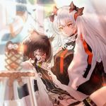  2girls arknights bangs black_shirt blurry_foreground brown_hair head_wings highres horns jacket light_particles long_hair long_sleeves looking_at_another multiple_girls mumudididi nail_polish orange_eyes orange_nails round_eyewear saria_(arknights) shirt silence_(arknights) silver_hair sleeping thigh_strap thighs white_jacket 