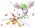  :d commentary conmimi creature english_commentary flying full_body gen_4_pokemon gen_7_pokemon green_eyes kartana looking_at_another no_humans open_mouth petals pokemon pokemon_(creature) shaymin shaymin_(sky) simple_background smile ultra_beast white_background 