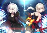  2girls artoria_pendragon_(all) bangs bare_shoulders black_camisole black_dress black_jacket black_shorts blue_jacket breasts brown_eyes camisole commentary_request dark_excalibur dress eyebrows_visible_through_hair fate/grand_order fate/stay_night fate_(series) fur-trimmed_jacket fur-trimmed_sleeves fur_trim hair_between_eyes holding holding_sword holding_weapon jacket jeanne_d&#039;arc_(alter)_(fate) jeanne_d&#039;arc_(fate)_(all) jet_black_king_of_knights_ver._shinjuku_1999 light_brown_hair long_hair long_sleeves looking_at_viewer looking_back low_ponytail medium_breasts mishiro0229 multiple_girls open_clothes open_jacket parted_lips ponytail saber_alter short_shorts shorts sleeves_past_wrists smile sword v-shaped_eyebrows weapon white_hair wicked_dragon_witch_ver._shinjuku_1999 