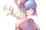  1girl absurdres blue_hair closed_mouth fire_emblem fire_emblem_echoes:_shadows_of_valentia fire_emblem_heroes flower from_side green_eyes hakou_(barasensou) hat highres looking_to_the_side short_hair silque_(fire_emblem) simple_background solo upper_body white_background 