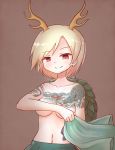  1girl arinu blonde_hair blue_skirt breasts brown_background collarbone covering covering_breasts cowboy_shot dragon_horns dragon_tattoo earrings eyebrows_visible_through_hair highres holding_shirt horns jewelry kicchou_yachie looking_at_viewer medium_breasts navel red_eyes scales shell shirt_removed short_hair simple_background skirt slit_pupils smile solo tattoo topless touhou turtle_shell 