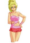  1girl arikawa bare_arms bare_shoulders blonde_hair blue_eyes breasts camisole casual closed_mouth collarbone elle_vianno gundam gundam_zz looking_at_viewer medium_breasts medium_hair pocket ponytail red_shorts short_shorts shorts simple_background smile solo white_background 