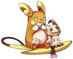  alolan_form alolan_raichu commentary conmimi creature english_commentary full_body gen_7_pokemon heart holding holding_heart mimikyu no_humans pokemon pokemon_(creature) simple_background sitting white_background 