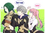  1girl 2boys ashe_ubert belt book closed_eyes closed_mouth fire_emblem fire_emblem:_three_houses from_side garreg_mach_monastery_uniform green_eyes green_hair grey_hair hilda_valentine_goneril holding holding_book hood hood_down linhardt_von_hevring long_hair long_sleeves multiple_boys open_mouth pink_eyes pink_hair short_hair totototope twintails uniform upper_body 