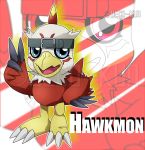  2015 accipitrid accipitriform ambiguous_gender avian beak bird black_claws blue_eyes claws deco-kun digimon digimon_(species) distracting_watermark hawkmon red_body solo toe_claws watermark white_body white_claws 