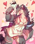  accessory achakoora anthro apron bow bulge canid canine canis clothed clothing cooking crossdressing ear_piercing ear_ring food garter hi_res holidays licking licking_lips male mammal muscular muscular_male nipples piercing solo tongue tongue_out valentine&#039;s_day wolf 