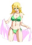  1girl arikawa blonde_hair breasts green_eyes hoshii_miki idolmaster long_hair looking_at_viewer navel open_mouth simple_background smile solo swimsuit white_background 