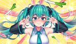  1girl aqua_eyes aqua_hair aqua_neckwear artist_name blush closed_mouth detached_sleeves double_v eyebrows_visible_through_hair hands_up hatsune_miku highres kk_(aky2374) long_hair looking_at_viewer necktie solo spring_onion twintails upper_body v vocaloid wavy_mouth 