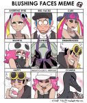  2boys 2girls bandana baseball_cap black_bandana black_headwear blush blush_stickers closed_eyes commentary creature crossed_arms cup embarrassed english_commentary expressions eyeshadow face facepalm furrowed_eyebrows gen_3_pokemon gen_7_pokemon golisopod happy hat heart heart_eyes holding holding_cup long_hair looking_at_another looking_at_viewer makeup medium_hair mug multiple_boys multiple_girls pink_eyes pink_hair plumeri_(pokemon) plumeria pokemon pokemon_(creature) pokemon_(game) pokemon_sm punk_girl_(pokemon) punk_guy_(pokemon) purple_eyes rocketmeron salandit salazzle simple_background skitty sleeveless steam sunglasses team_skull team_skull_grunt team_skull_uniform white_background white_hair white_headwear yellow_eyes 