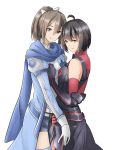  2girls absurdres ahoge armor black_armor black_hair brown_eyes brown_hair commentary gloves hair_ornament hair_ribbon hand_on_another&#039;s_chest highres hug itai_no_wa_iya_nano_de_bougyoryoku_ni_kyokufuri_shitai_to_omoimasu long_hair looking_at_viewer maple_(itai_no_wa_iya_nano_de_bougyoryoku_ni_kyokufuri_shitai_to_omoimasu) multiple_girls pernethopia ponytail purple_eyes ribbon sally_(itai_no_wa_iya_nano_de_bougyoryoku_ni_kyokufuri_shitai_to_omoimasu) scarf short_hair shorts simple_background smile white_background yuri 