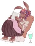  4_toes absurd_res accessory ahoge anthro barefoot beverage big_breasts book bottomwear breasts brown_body brown_fur clothed clothing dress_shirt female fully_clothed fur hair hair_accessory hair_bun hair_ribbon hi_res lagomorph leporid long_skirt mammal paws pillow pink_hair purple_eyes rabbit reading reclining relaxing ribbons shirt simple_background sitting skirt solo toes topwear white_background wine_glass ykc5 