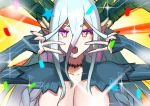  1girl aqua_hair bangs braid breasts choker collarbone confetti double_v fang fate/grand_order fate_(series) fingerless_gloves gloves green_gloves hair_between_eyes hands_up horns large_breasts long_hair long_horns looking_at_viewer open_mouth parody pink_eyes pointy_ears sei_shounagon_(fate) solo sparkle star striped striped_gloves summer_sky symbol-shaped_pupils tiamat_(fate/grand_order) twin_braids v very_long_hair yellow_background 