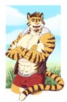 2020 absurd_res anthro big_muscles blazekemono bulge clothing felid fingers fur hair hi_res jacket male mammal muscular muscular_male pantherine red_clothing red_underwear simple_background smile solo striped_body striped_fur stripes tiger topwear underwear 