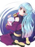  1girl belt blue_hair bodysuit breasts candy chaps closed_mouth commentary_request cropped_jacket food gloves kula_diamond long_hair looking_at_viewer medium_breasts red_eyes solo the_king_of_fighters the_king_of_fighters_2000 very_long_hair 