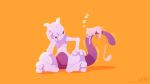  16:9 ambiguous_gender anthro bodily_fluids drooling duo eyes_closed felid legendary_pok&eacute;mon looking_at_another lying mammal mew mewtwo nintendo on_front orange_background pink_body pok&eacute;mon pok&eacute;mon_(species) purple_body saliva simple_background sitting size_difference sleeping sound_effects sweat text uno_yuuji url video_games zzz 