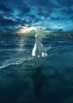  2017 anthro beach black_pawpads blue_eyes canid canine canis clothed clothing cloud dress female fur hi_res kemono mammal pawpads seaside sky snout solo sunset water wave white_body white_fur wolf ぴっぴ 