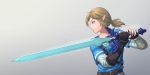  1boy bangs blonde_hair blue_eyes blue_shirt brown_gloves com34t commentary_request fingerless_gloves from_side gloves highres link long_hair master_sword pointy_ears ponytail shirt simple_background solo the_legend_of_zelda the_legend_of_zelda:_breath_of_the_wild triforce 