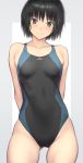  1girl amagami arms_behind_back black_eyes black_hair black_swimsuit breasts competition_swimsuit looking_at_viewer medium_breasts nanasaki_ai nozomi-y one-piece_swimsuit short_hair simple_background smile solo swimsuit 