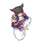  1girl barefoot black_hair breasts closed_mouth detached_sleeves drill_hair fingerless_gloves flasso gloves halter_top halterneck han_juri looking_at_viewer midriff short_hair simple_background solo street_fighter street_fighter_iv_(series) twin_drills white_background 