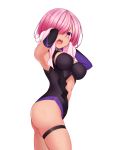  1girl armpits ass asymmetrical_sleeves black_leotard black_sleeves breasts breasts_apart cutout detached_sleeves fate/grand_order fate_(series) from_side hair_over_one_eye highres holding holding_towel leotard mash_kyrielight medium_breasts open_mouth pink_hair pink_towel purple_eyes purple_sleeves shiny shiny_hair shiny_skin short_hair sideboob simple_background thigh_strap tohoho_(hoshinoyami) towel twisted_torso white_background 