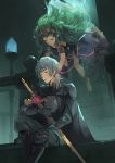  1boy 1girl anocurry armor black_gloves braid byleth_(fire_emblem) byleth_(fire_emblem)_(male) closed_eyes closed_mouth fire_emblem fire_emblem:_three_houses gloves green_hair hair_ornament highres holding holding_sword holding_weapon long_hair pointy_ears ribbon_braid short_hair sitting sothis_(fire_emblem) sword tiara twin_braids twitter_username weapon 